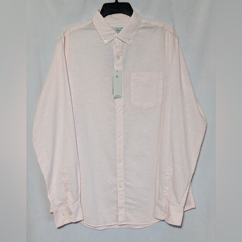 🐝Original Penguin Light Pink Long Sleeve Linen Blend Button-Up Shirt Medium NWT